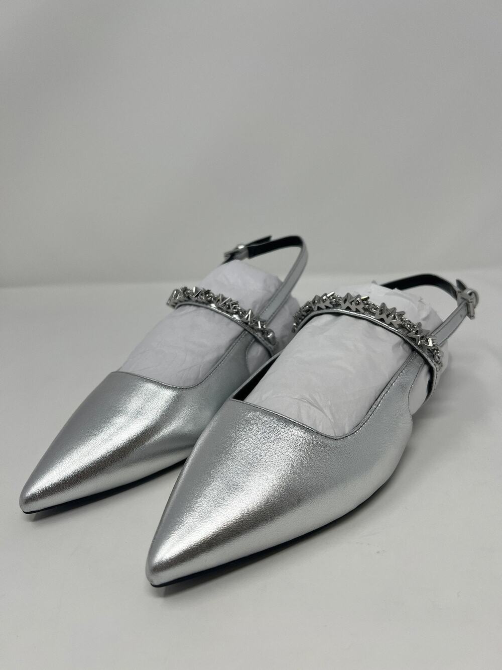 Michael Kors Women's 7.5 Dina Silver Leather Slingback Flats